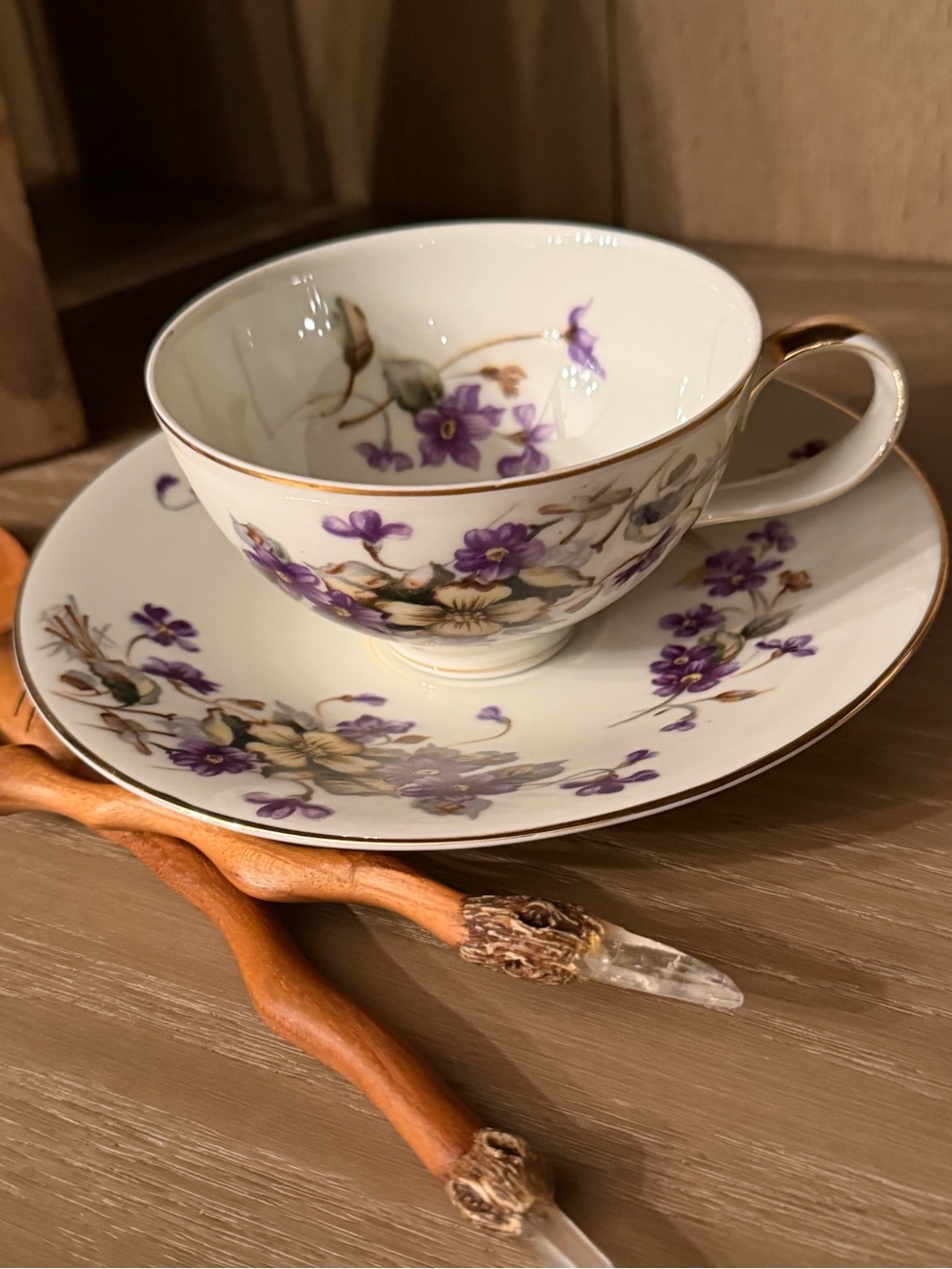 Vintage Meito China Teacup & Saucer Set Adele Pattern Japan Violets like new